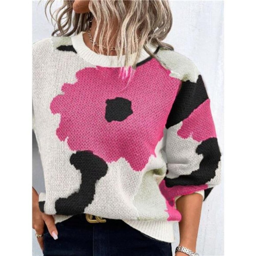 Floral Pattern Round Neck Sweater - Picture 13 of 16